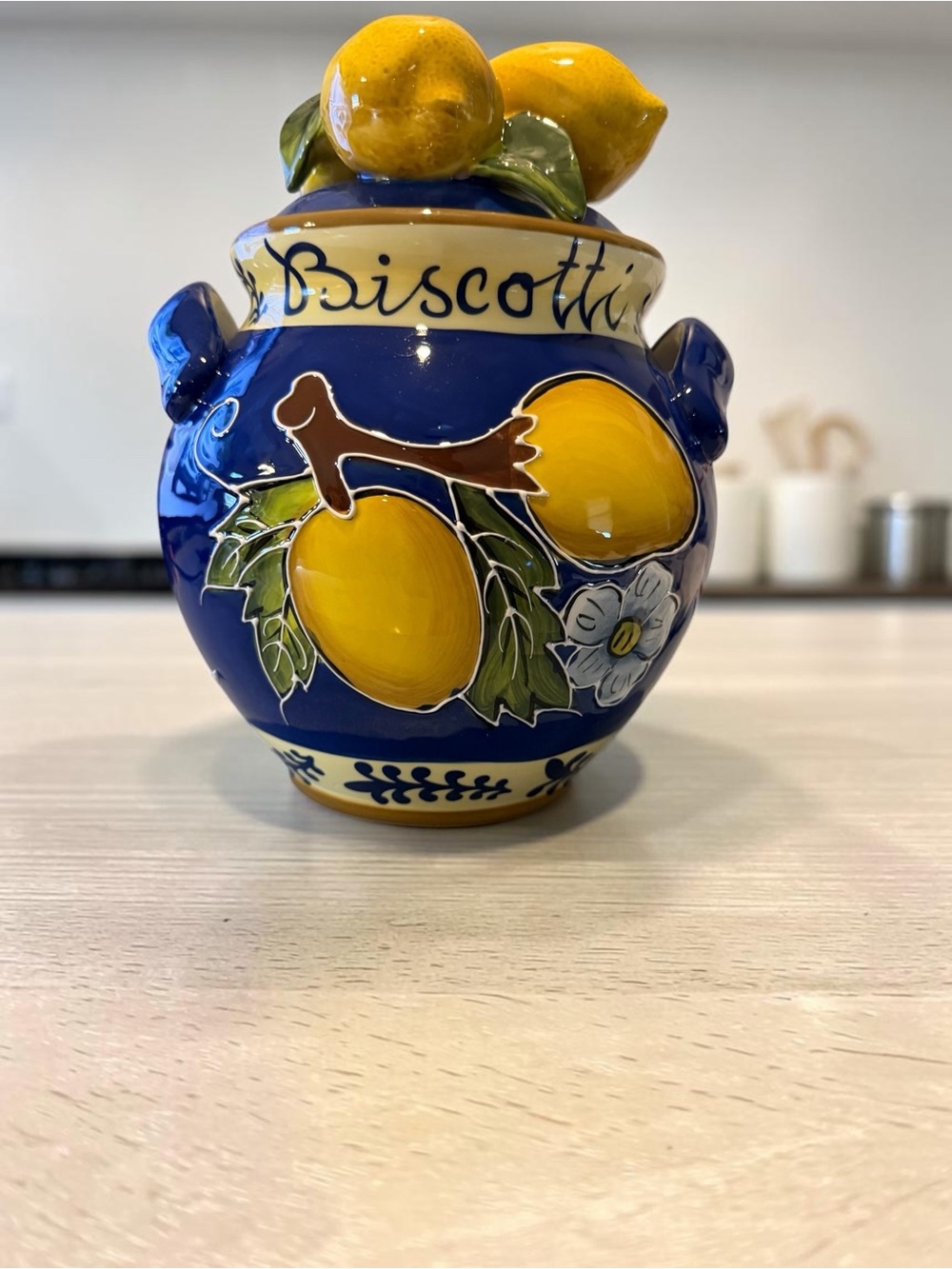 Biscotti Ceramic Cookie Jar - Blue and Yellow Lemon Motif